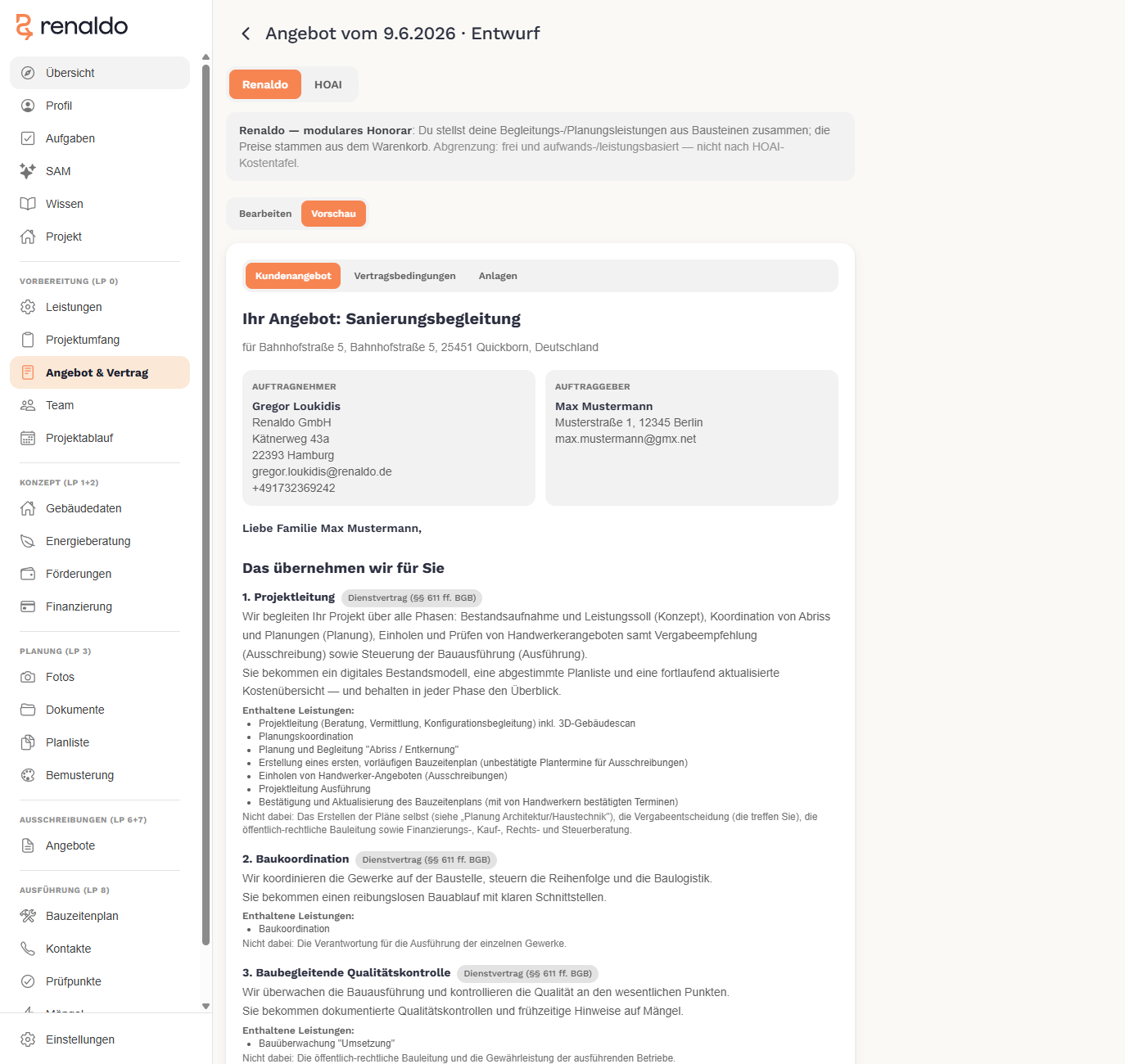 Renaldo: Angebots- und Vertragsgenerator mit Leistungsbausteinen, HOAI-Honorar und Online-Auftrag