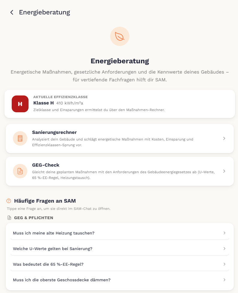 Renaldo: Seite Energieberatung mit Effizienzklasse, Sanierungsrechner und GEG-Check