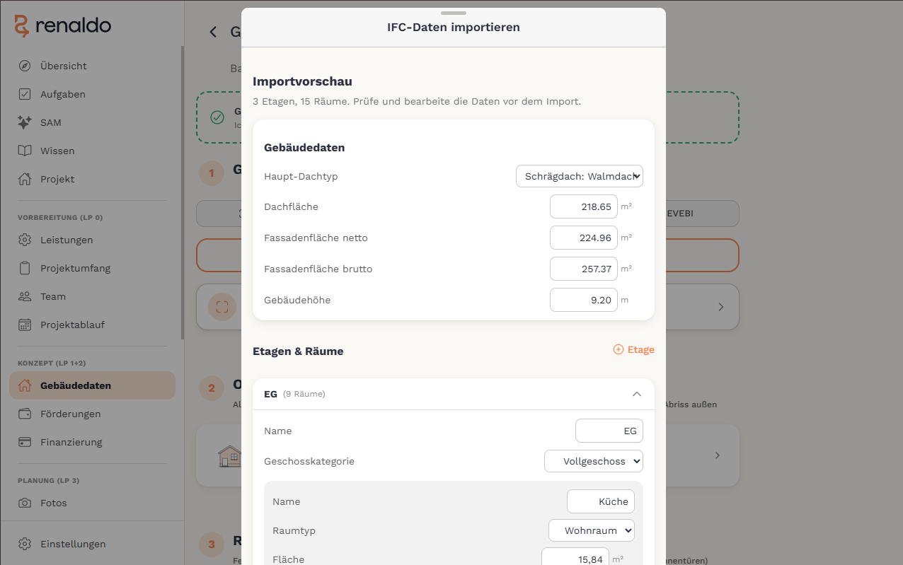 Renaldo: Bestandsaufnahme und Gebäudedaten-Import aus Scan, Hottgenroth, EVEBI, IFC und iSFP