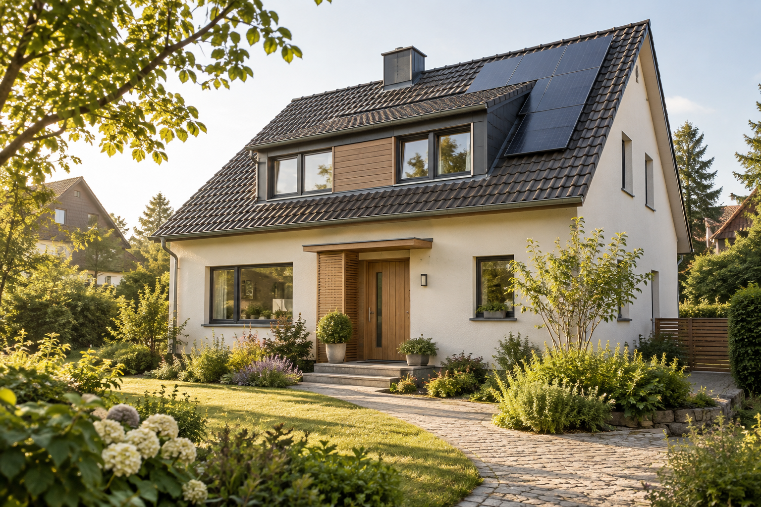 Saniertes Einfamilienhaus mit Satteldach, Solarmodulen und Garten