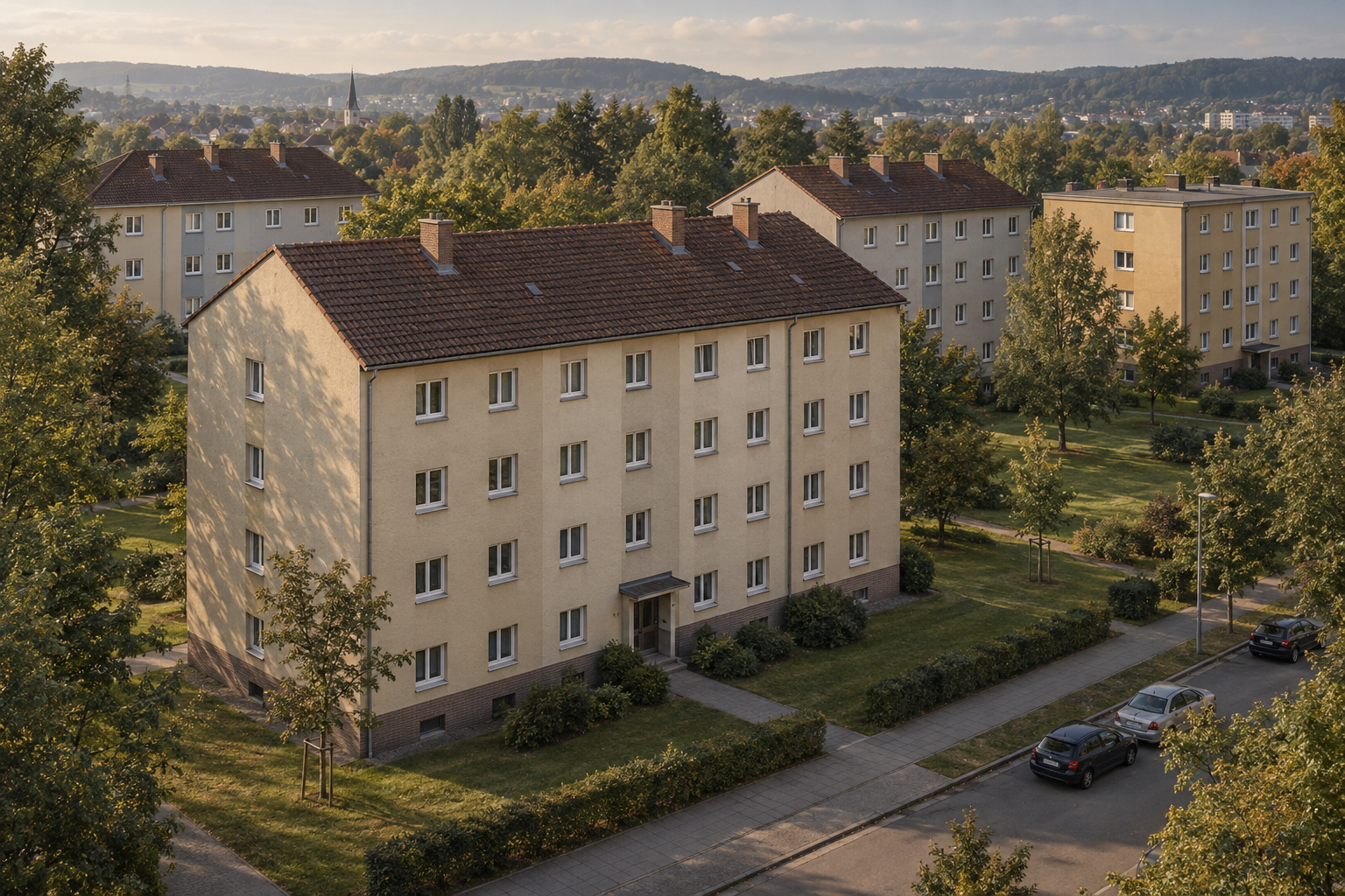 Existing apartment blocks with rendered facades and green courtyards