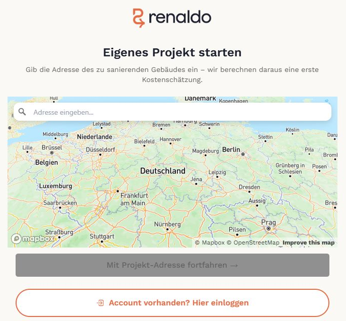 RENALDO Schnellkalkulation: Projektadresse auf der Karte eingeben