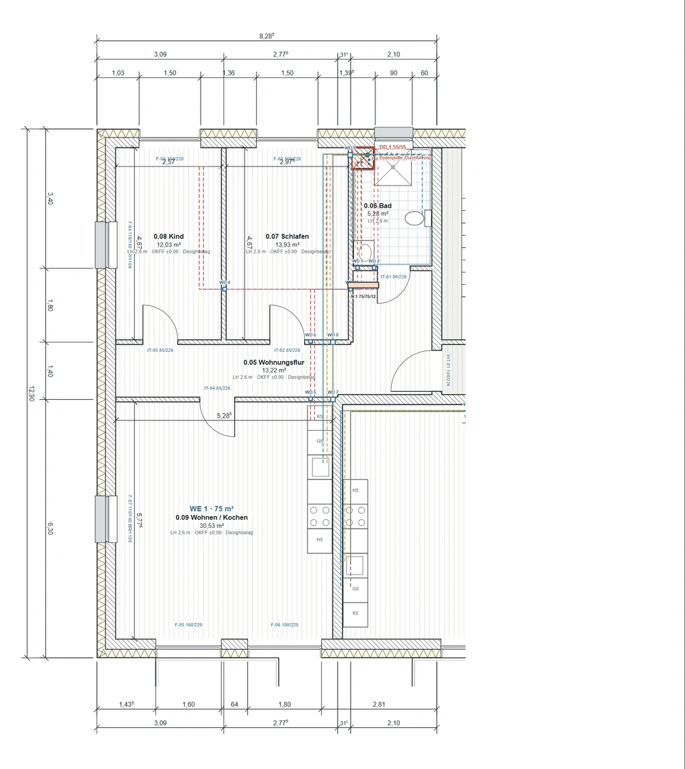 Bemaßter Wohnungsgrundriss mit Bauteilen und Leitungsführung aus dem Planungscenter
