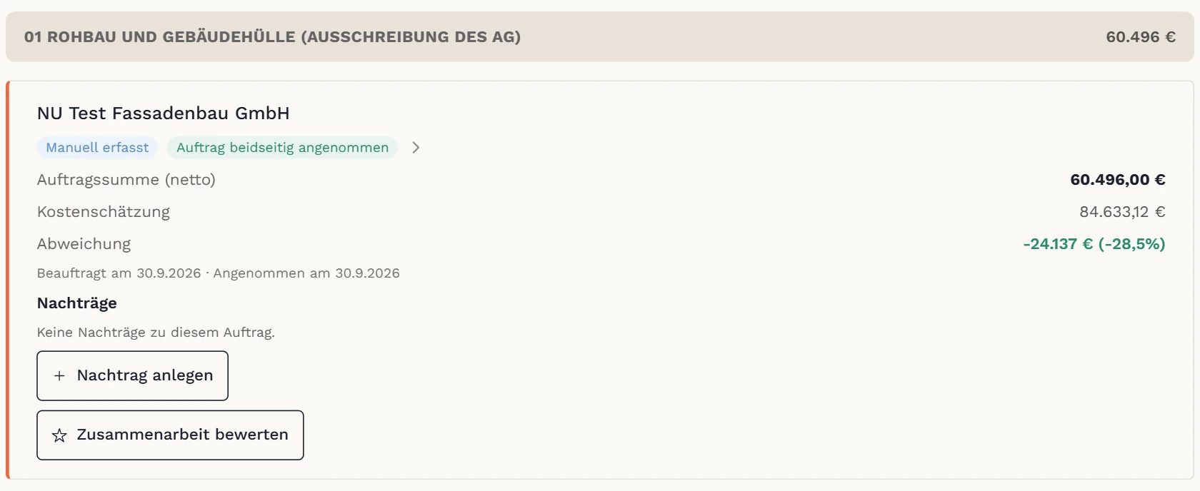 Vergabeansicht mit Auftragssumme, Kostenschätzung und Nachträgen