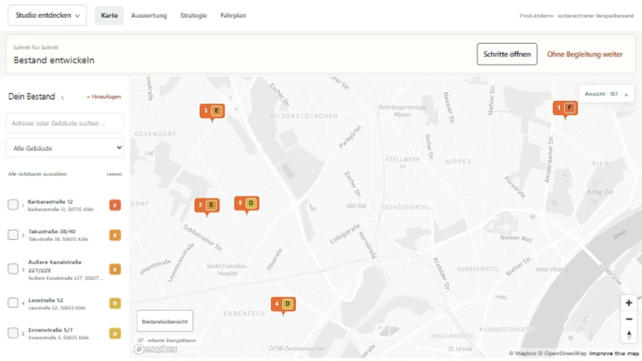 Portfolio in Renaldo Studio with orange pins, energy classes and building details