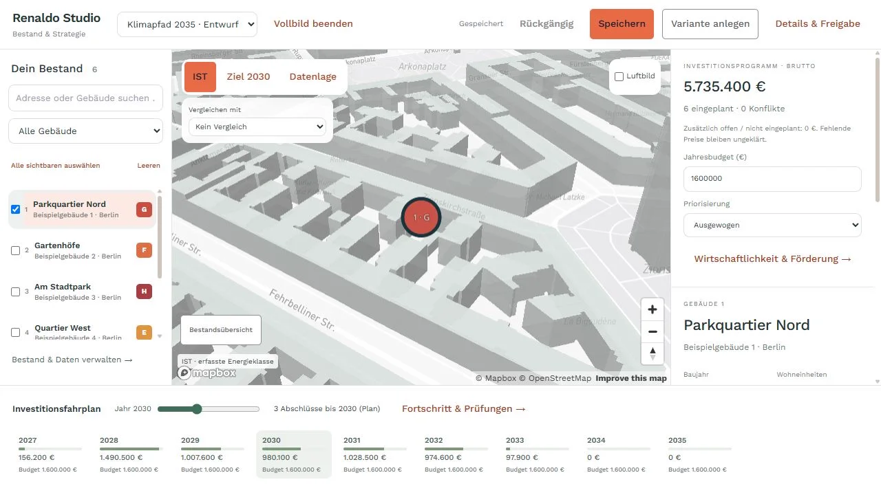 Bestandsstrategie im Renaldo Studio: 3D-Karte, Energieklassen und Investitionsfahrplan mit Beispieldaten