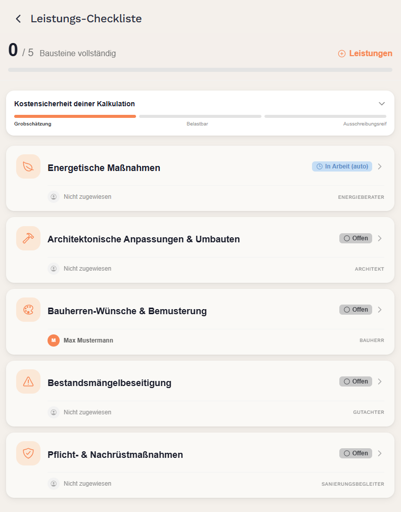 Renaldo: Leistungs-Checkliste mit fünf Bausteinen und zuständigen Rollen