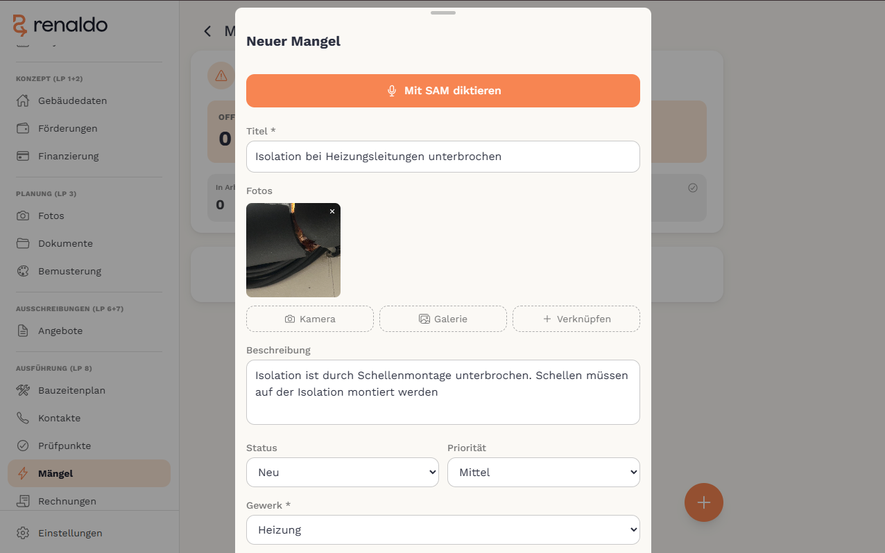 Renaldo: Mängelverwaltung mit Fotos, Status und Zuordnung im Projekt
