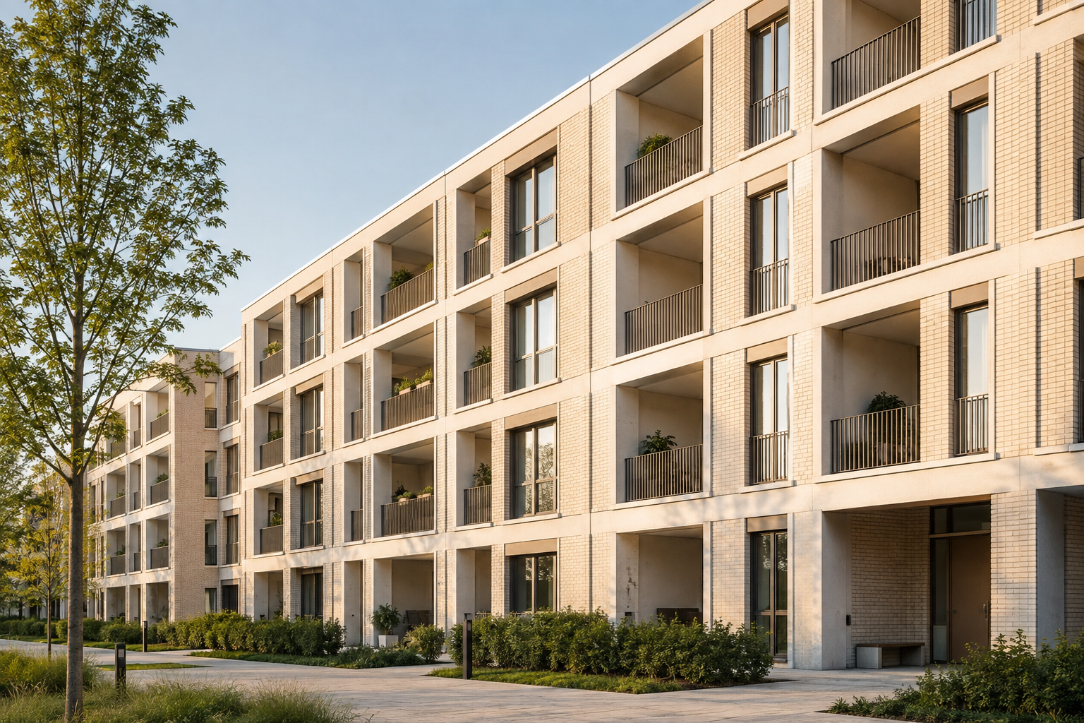 Zeitgenössischer Wohnungsbau mit hellen Fassaden und Balkonen
